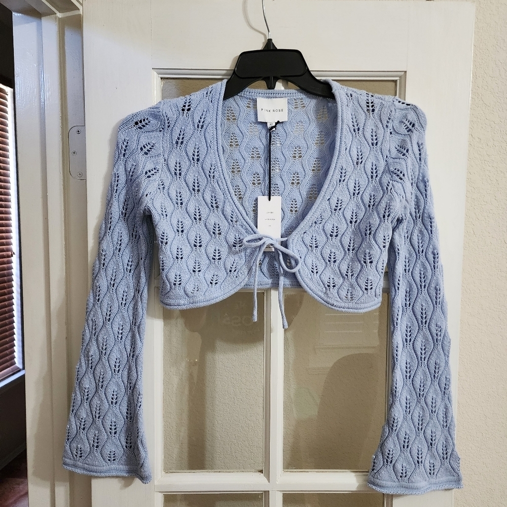 Pink Rose Blue Tie Front Cardigan XS Cropped Knit Boho Balletcore